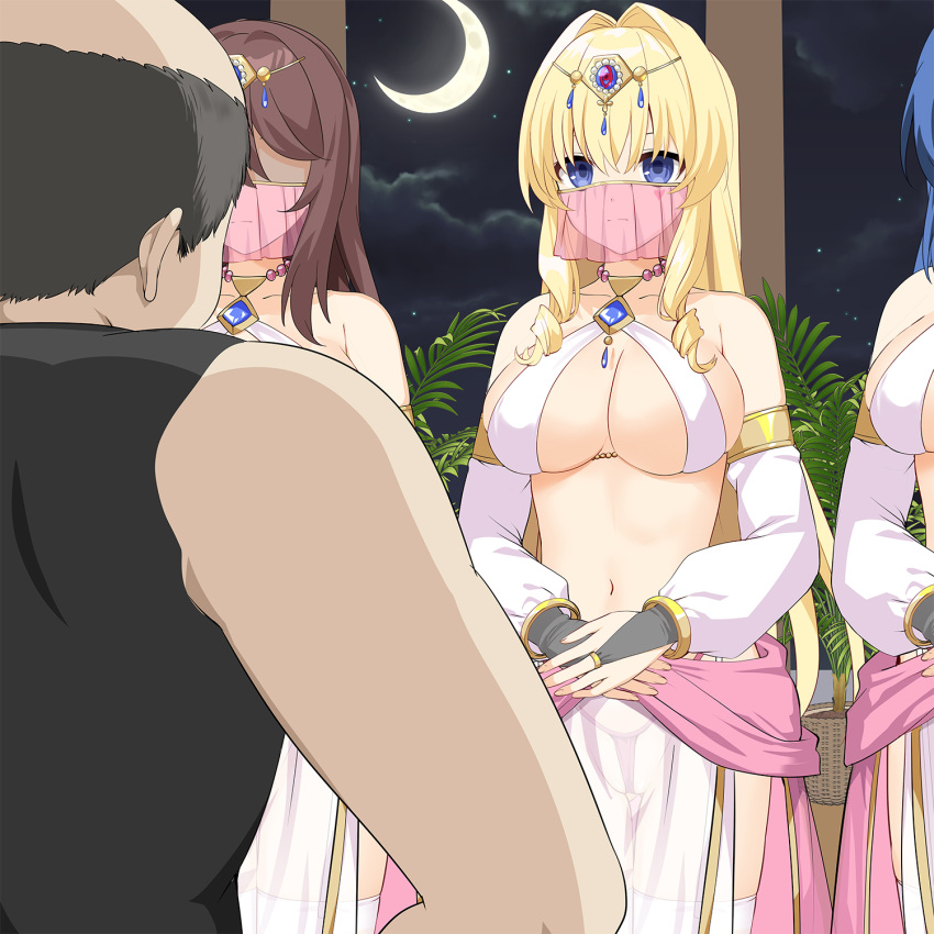 1boy 3girls bare_shoulders blonde_hair breasts bridal_gauntlets commentary_request crescent_moon dancer delores_(mvv) detached_sleeves diadem harem_outfit highres large_breasts long_bangs long_hair moon mouth_veil multiple_girls mvv navel night original plant sidelocks star_(sky) veil