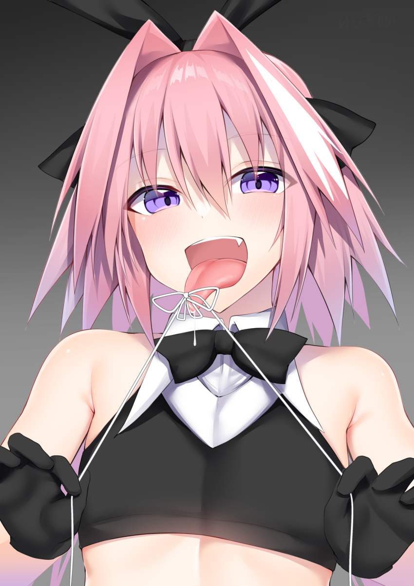 1boy armpit_crease astolfo_(fate) astolfo_(saber)_(fate) bare_shoulders black_bow black_bowtie black_gloves bow bowtie commentary_request fate/apocrypha fate/grand_order fate_(series) gloves gradient_background grey_background hair_between_eyes hair_intakes highres holding kitajima_yuuki long_hair looking_at_viewer male_focus multicolored_hair oerba_yun_fang otoko_no_ko partial_commentary pink_hair purple_eyes smile solo streaked_hair tongue tongue_out upper_body white_hair