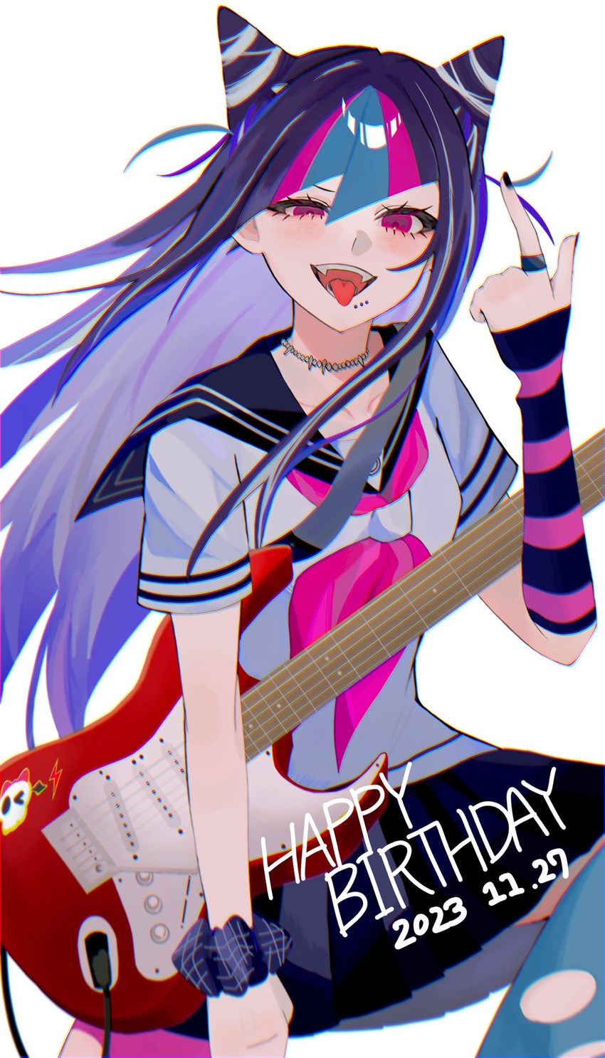 :d black_hair black_sailor_collar black_skirt danganronpa_(series) danganronpa_2:_goodbye_despair dated detached_sleeves electric_guitar eme_(r_os031) fangs female fender_stratocaster green_hair green_thighhighs guitar hair_horns half-closed_eye hand_up happy_birthday highres holding holding_guitar holding_instrument instrument jewelry miniskirt mioda_ibuki neckerchief pink_eyes pink_hair pink_neckerchief pink_thighhighs ring sailor_collar scrunchie short_sleeves skirt smile solo teeth thighhighs tongue tongue_out torn_clothes torn_thighhighs whammy_bar white_hair wrist_scrunchie