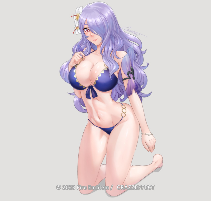 bare_legs bare_shoulders barefoot bikini blue_bikini breasts camilla_(fire_emblem) camilla_(summer)_(fire_emblem) cleavage crazzeffect english_commentary female fire_emblem fire_emblem_fates fire_emblem_heroes flower grey_background hair_flower hair_ornament hair_over_one_eye highres kneeling large_breasts long_hair looking_at_viewer navel official_alternate_costume pink_eyes purple_hair simple_background solo stomach swimsuit thighs very_long_hair white_flower