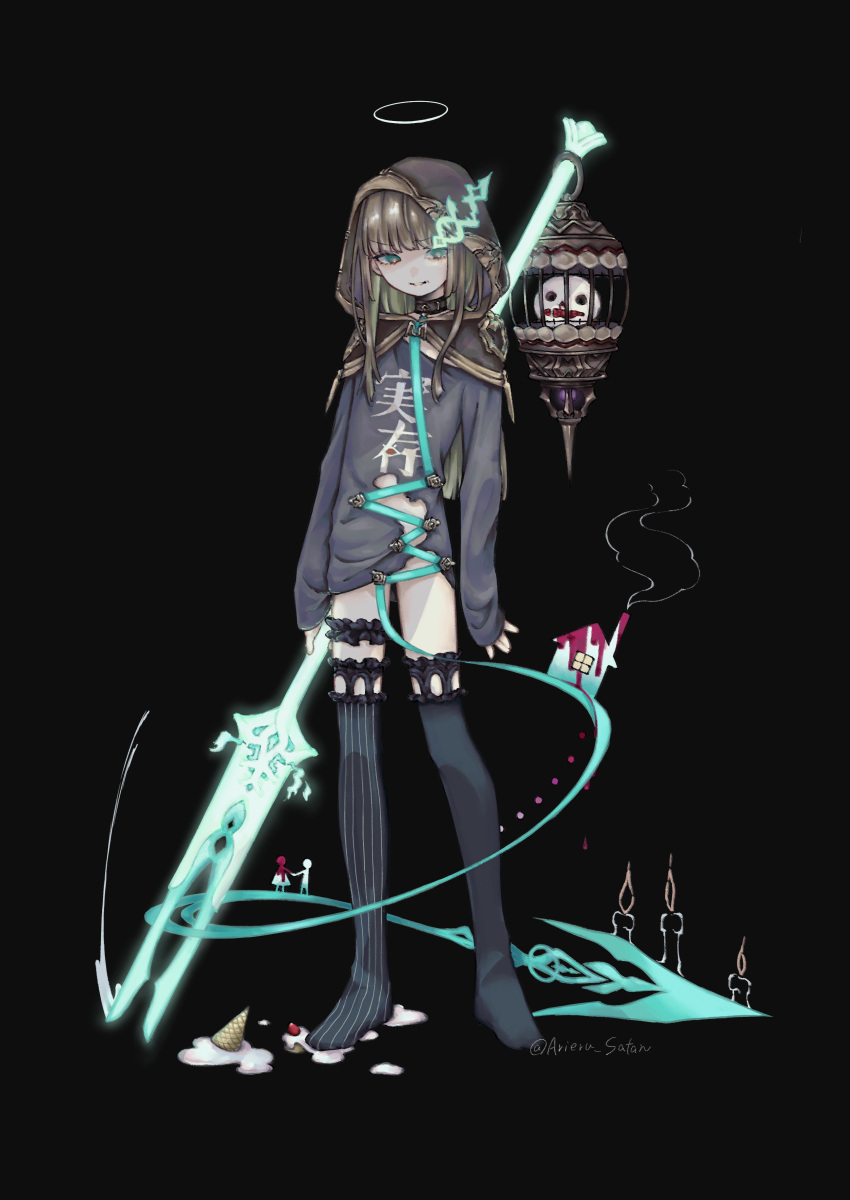 1boy absurdres aqua_eyes arieru_satan arms_at_sides bident black_background black_thighhighs blonde_hair bottomless bridal_garter burnt_clothes cage candle capelet clothes_writing collar colored_inner_hair cream creature dropping food full_body glowing glowing_weapon green_hair gretel_(sinoalice) grey_capelet grey_shirt grey_thighhighs halo headgear highres holding holding_polearm holding_weapon hood hood_up hooded_capelet house ice_cream leash legs_apart legs_up legwear_garter looking_at_viewer male_focus melting multicolored_hair no_shoes off_shoulder otoko_no_ko parted_lips pinstripe_thighhighs polearm shirt silhouette simple_background sinoalice sleeves_past_wrists smoke solo straight_hair string thighhighs torn_clothes torn_shirt twitter_username two-tone_hair weapon