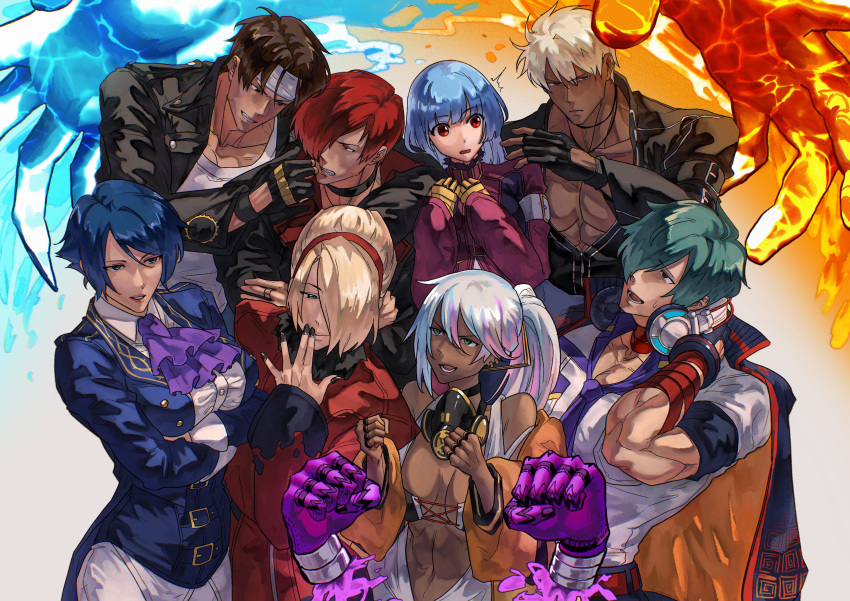 absurdres ash_crimson bandages belt blue_hair breasts choker dark-skinned_female dark_skin disembodied_hand earrings elisabeth_blanctorche finger_tattoo fingerless_gloves fire gloves green_eyes green_hair hair_over_one_eye headphones highres isla_(kof) jacket jacket_on_shoulders jewelry k'_(kof) kula_diamond kusanagi_kyou light_blue_hair long_hair mask mask_around_neck multicolored_hair multiple_boys multiple_girls necktie oversized_clothes ponytail red_eyes respirator short_hair shun'ei snk syachiiro tank_top tattoo the_king_of_fighters the_king_of_fighters_xv thumb_ring torn_clothes torn_tank_top white_hair yagami_iori