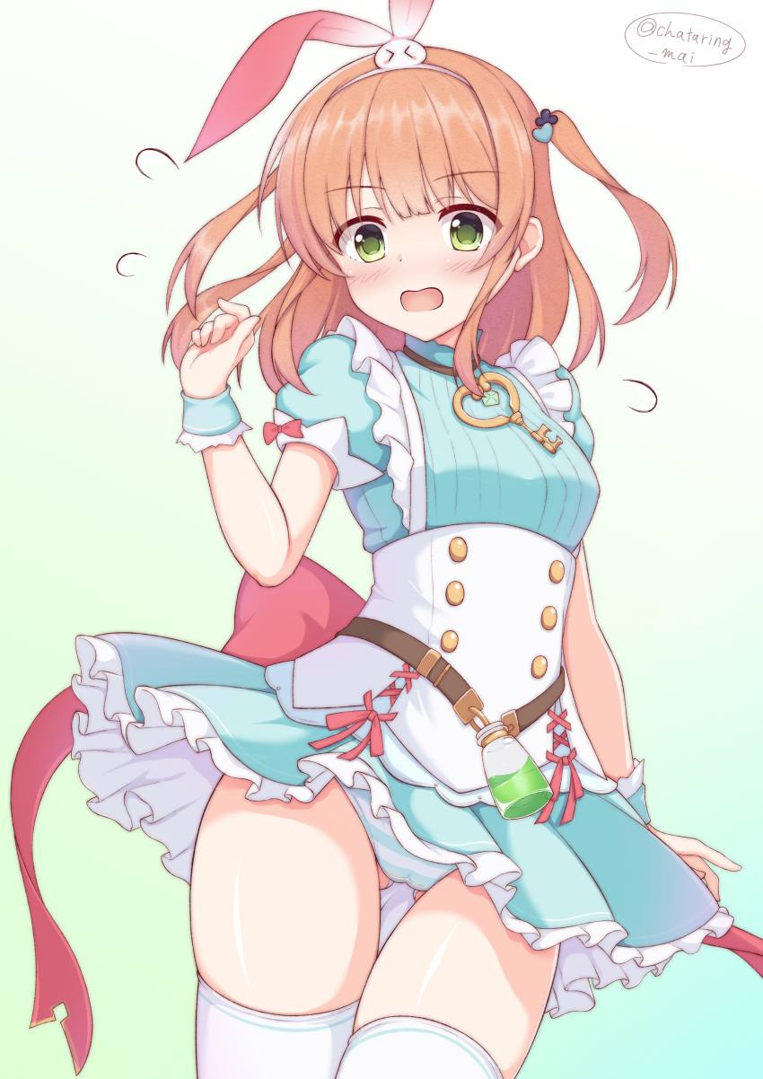 absurdres alternate_costume ass_visible_through_thighs belt blunt_bangs blush breasts cameltoe chataring_mai commentary female green_eyes headband highres key looking_at_viewer medium_breasts medium_hair open_mouth panties pantyshot potion princess_connect! ribbon rino_(princess_connect!) rino_(wonderland)_(princess_connect!) simple_background solo striped_clothes striped_panties thigh_gap thighhighs thighs twitter_username underwear white_background