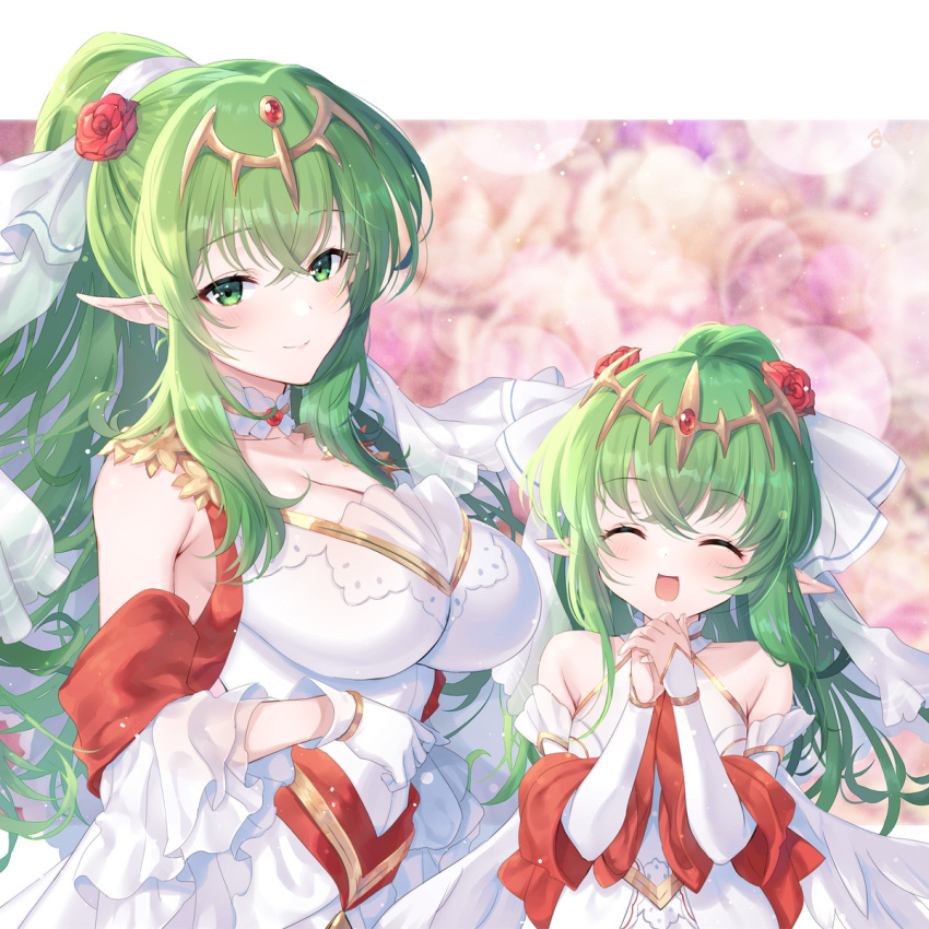 2girls :d awayuki_ramika bare_shoulders breasts bridal_veil cleavage closed_eyes commentary_request dress dual_persona feather-trimmed_dress fire_emblem fire_emblem:_mystery_of_the_emblem fire_emblem_awakening fire_emblem_heroes flower green_eyes green_hair hair_ornament highres huge_breasts long_hair looking_at_viewer multiple_girls official_alternate_costume open_mouth own_hands_together partial_commentary pointy_ears ponytail rose smile tiara tiki_(adult)_(bridal)_(fire_emblem) tiki_(adult)_(fire_emblem) tiki_(fire_emblem) tiki_(young)_(bridal)_(fire_emblem) tiki_(young)_(fire_emblem) upper_body veil wedding_dress white_dress