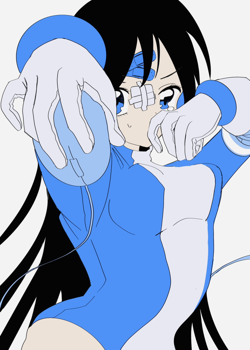 bandaid bandaid_on_face bandaid_on_forehead black_hair blue_eyes blue_leotard breasts cable computer_mouse covered_mouth female flat_color gauze gauze_on_face gloves hands_up highres holding holding_computer_mouse leotard long_hair long_sleeves looking_at_viewer medium_breasts original simple_background solo standing straight_hair tears upper_body urokogaran white_background white_gloves