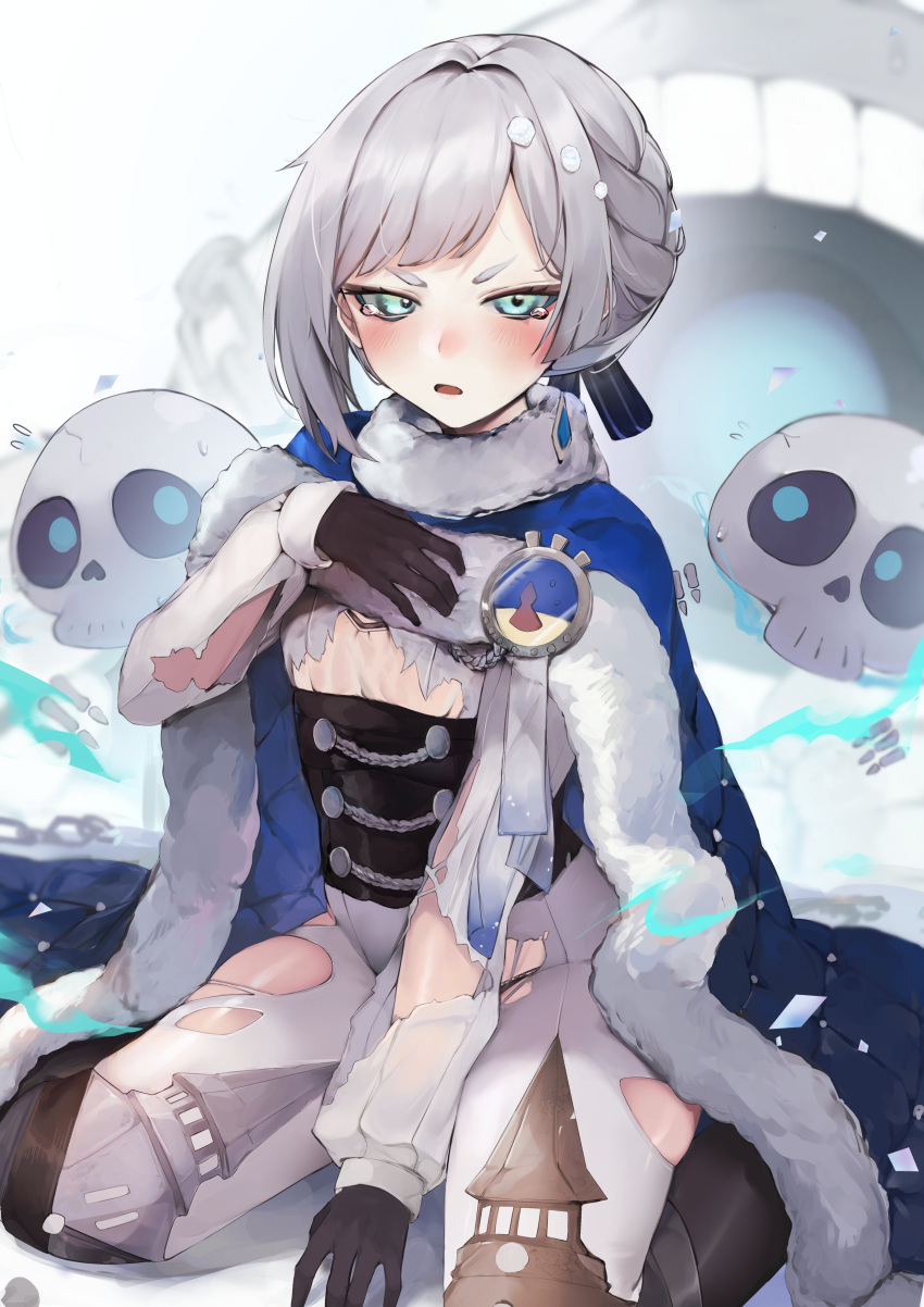 absurdres akershus_fortress_(oshiro_project) badge black_gloves blue_cape blue_cloak blue_eyes bodysuit braid cape cloak corset damaged female floating_skull fluff fur-trimmed_cape fur-trimmed_cloak fur_trim gloves grey_hair hair_ornament hand_on_own_chest highres hiiragi_mikoto looking_at_viewer monster oshiro_project:re padded_cloak pants short_hair sitting skull tearing_up thick_thighs thighs tight_clothes tight_pants torn torn_bodysuit torn_clothes white_bodysuit