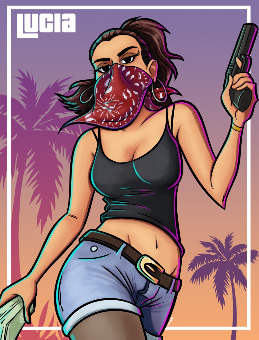 absurdres bandana bandana_over_mouth black_camisole black_eyes breasts brown_hair camisole cleavage commentary contrapposto crop_top earrings english_commentary female finger_on_trigger grand_theft_auto grand_theft_auto_vi groin gun handgun highres holding holding_gun holding_money holding_weapon hoop_earrings jewelry lucia_(grand_theft_auto) medium_breasts midriff money navel palm_tree pantyhose pantyhose_under_shorts ponytail red_bandana schoolyardloser short_shorts shorts solo tank_top tree weapon widow's_peak