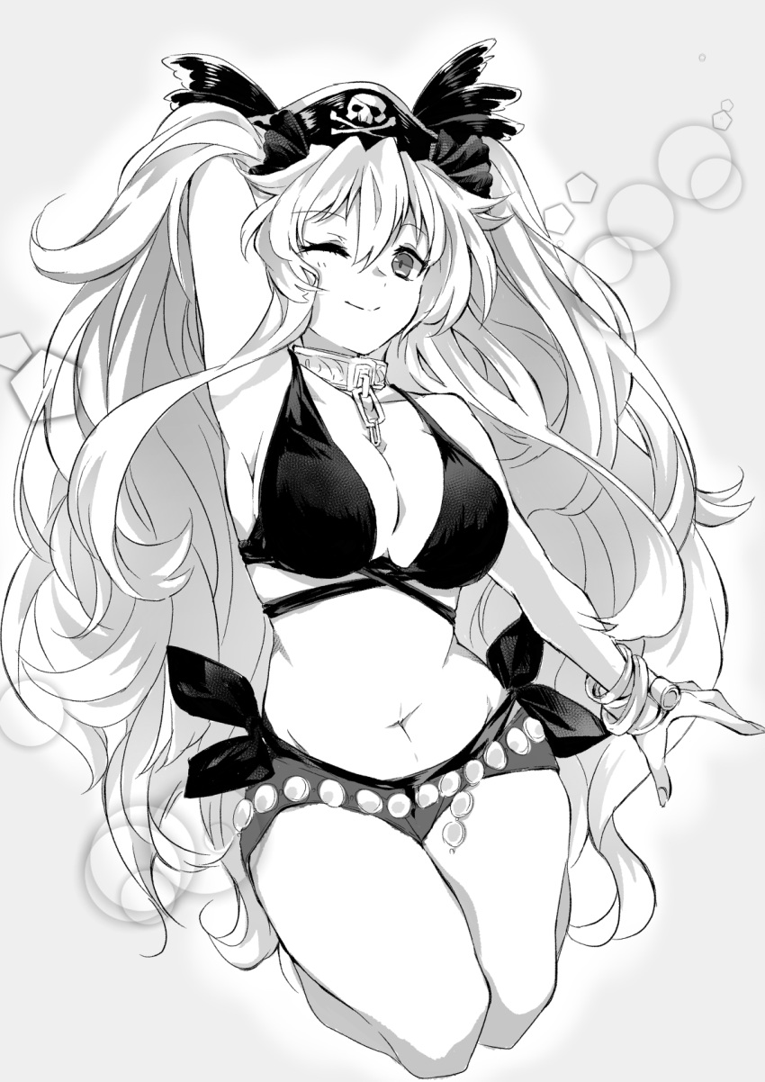 anne_bonny_(fate) anne_bonny_(swimsuit_archer)_(fate) armpits bikini black_bikini breasts collar fate/grand_order fate_(series) fei_(otoya) female greyscale hat highres large_breasts long_hair looking_at_viewer metal_collar monochrome navel pirate pirate_hat skull_and_crossbones skull_collar smile swimsuit