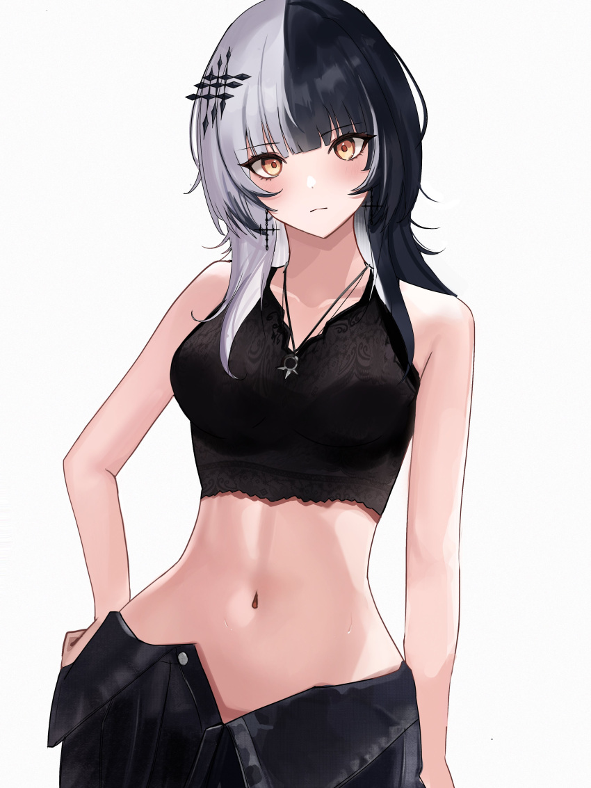 absurdres black_hair blush breasts closed_mouth cloud_etoile crop_top cross cross_earrings earrings female grey_hair hand_on_own_hip highres hololive hololive_english jewelry looking_at_viewer midriff multicolored_hair navel pendant shiori_novella simple_background solo split-color_hair upper_body virtual_youtuber white_background yellow_eyes