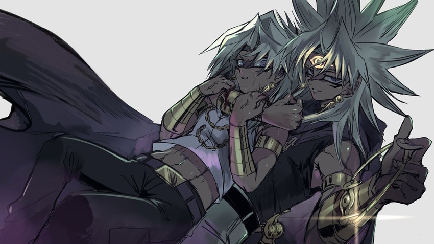 2boys arm_around_neck brown_hair cape dark-skinned_male dark_skin earrings evil_smile jewelry long_hair male_focus marik_ishtar millennium_necklace millennium_rod multiple_boys purple_eyes shi_(shooo_ttt) shirt smile yami_marik yu-gi-oh! yu-gi-oh!_duel_monsters