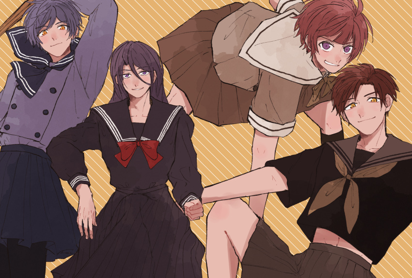 4boys a3! ahoge arakawa_shift asuka_haruto black_serafuku brown_hair brown_serafuku crossdressing highres ikaruga_madoka kagami_chisato kamikizaka_reni long_hair looking_at_viewer male_focus multiple_boys orange_eyes purple_eyes purple_hair purple_serafuku red_hair school_uniform serafuku short_hair