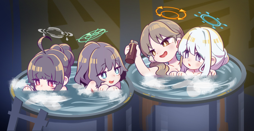 4girls black_hair blue_archive blue_halo blush bright_pupils brown_hair chaki_(teasets) commentary_request drum_bath green_halo grey_hair grey_halo halo highres holding ladder long_hair miyako_(blue_archive) miyu_(blue_archive) moe_(blue_archive) multiple_girls open_mouth orange_halo purple_eyes rabbit_platoon_(blue_archive) saki_(blue_archive) same-sex_bathing shared_bathing short_hair smile water white_pupils