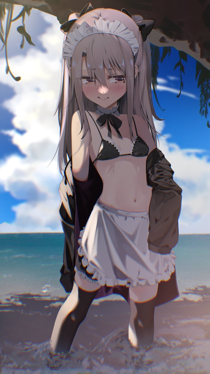 apron artoria_pendragon_(alter_swimsuit_rider)_(fate) artoria_pendragon_(alter_swimsuit_rider)_(fate)_(cosplay) artoria_pendragon_(alter_swimsuit_rider)_(second_ascension)_(fate) artoria_pendragon_(fate) bare_shoulders beach bikini black_bikini black_jacket black_skirt black_thighhighs blonde_hair blue_sky blush bow breasts choker closed_mouth cosplay fate/grand_order fate/kaleid_liner_prisma_illya fate_(series) female frilled_choker frills hairbow highres illyasviel_von_einzbern jacket long_hair long_sleeves looking_to_the_side maid maid_bikini maid_headdress navel off_shoulder open_clothes open_jacket outdoors pei_iriya red_eyes shore sidelocks skirt sky small_breasts solo swimsuit thighhighs two_side_up unconventional_maid waist_apron white_apron