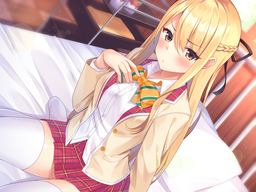 bed bed_sheet blonde_hair blush braid brown_eyes female hair_between_eyes hair_ribbon highres indoors infirmary jacket looking_at_viewer non-web_source original pillow plaid plaid_skirt pleated_skirt red_skirt ribbon school_uniform shirt sidelocks sitting skirt solo super_nagoyaka thighhighs tile_floor tiles untucked_shirt wariza white_shirt white_thighhighs yellow_jacket zettai_ryouiki