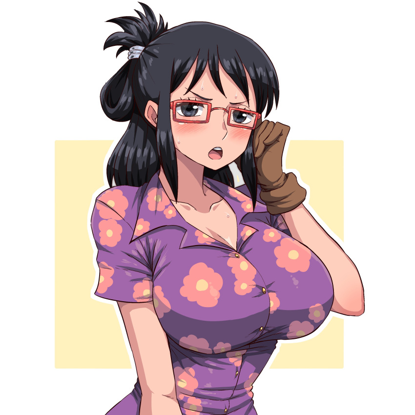 absurdres adjusting_eyewear black_eyes black_hair blush border breasts brown_gloves buttons cleavage collarbone collared_shirt commentary english_commentary female floral_print folded_hair from_side gloves hair_ornament hairclip half_updo highres large_breasts looking_at_viewer medium_hair one_piece outline outside_border print_shirt purple_shirt rectangular_eyewear red-framed_eyewear scowl shirt short_hair short_sleeves sidelocks simmsy simple_background tashigi teeth upper_body upper_teeth_only v-shaped_eyebrows white_border wing_collar yellow_background