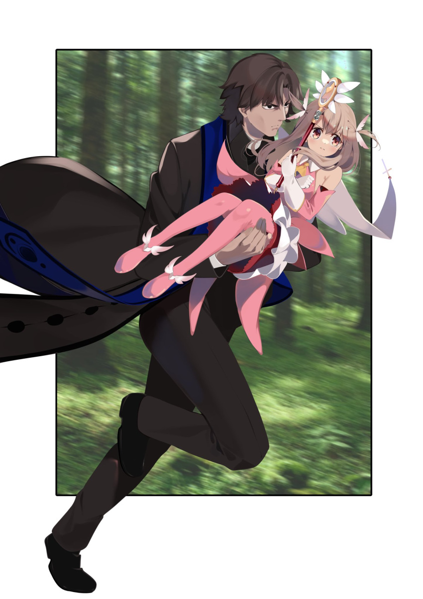 1boy ascot bare_shoulders black_coat black_eyes black_footwear black_pants black_suit blush boots breasts brown_hair cape carrying coat commentary_request dress elbow_gloves fate/grand_order fate/kaleid_liner_prisma_illya fate/stay_night fate_(series) feather_hair_ornament feathers female forest full_body gloves hair_ornament heaven's_feel highres illyasviel_von_einzbern kotomine_kirei layered_gloves light_brown_hair long_hair long_sleeves magical_ruby nature pants parody pei_iriya pink_dress pink_footwear pink_gloves priest princess_carry prisma_illya rasputin_(fate) red_eyes running short_hair sidelocks skirt small_breasts stole suit thigh_boots two_side_up wand white_cape white_gloves white_skirt