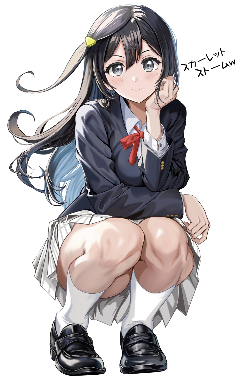 absurdres black_footwear black_hair blush breasts closed_mouth commentary female full_body grey_eyes highres kneehighs loafers long_hair looking_at_viewer love_live! love_live!_nijigasaki_high_school_idol_club medium_breasts nijigasaki_school_uniform one_side_up school_uniform shoes smile socks solo squatting white_background white_socks yuki_setsuna_(love_live!) zaofeng