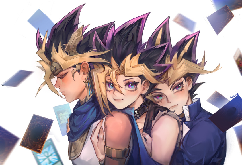 3boys atem belt_collar blue_cape blue_jacket cape closed_eyes closed_mouth collar egyptian_clothes eyelashes floating_card gold_sarcophagus highres hug hug_from_behind jacket leather leather_jacket looking_at_viewer male_focus monster_reborn multicolored_hair multiple_boys muto_yugi namikaze_(dobbyka) purple_eyes sangan school_uniform signature smile spiked_hair tan torn_clothes torn_sleeves trading_card yami_yugi yaoi yu-gi-oh! yu-gi-oh!_duel_monsters