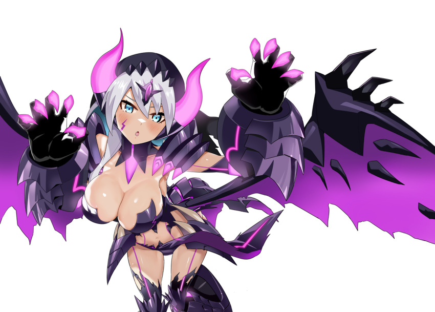 blue_eyes blush breasts capcom claw_pose claws cleavage company_connection facial_mark female forehead_jewel gore_magala_(armor) horns ico_(megaman_x_dive) large_breasts looking_at_viewer low_wings mega_man_(series) mega_man_x_(series) mega_man_x_dive monster monster_hunter_(series) open_mouth popo_(popo0cat) revealing_clothes robot_girl solo standing white_hair wings