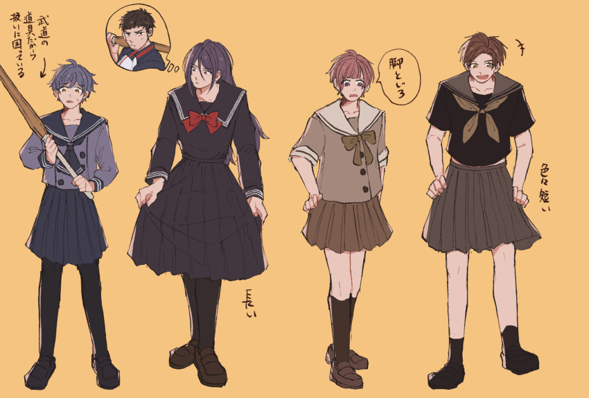 4boys a3! ahoge arakawa_shift asuka_haruto black_serafuku brown_hair brown_serafuku crossdressing full_body highres ikaruga_madoka kagami_chisato kamikizaka_reni kashima_yuzo long_hair looking_at_viewer male_focus multiple_boys orange_background orange_eyes pantyhose purple_eyes purple_hair purple_serafuku red_hair school_uniform serafuku short_hair translation_request