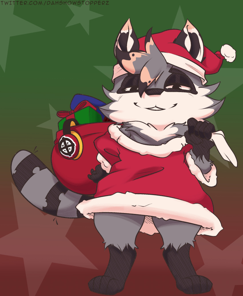 absurd_res anthro barefoot black_eyes brown_body brown_fur christmas christmas_clothing christmas_headwear clothing dah_showstopperz feet fur gift grey_body grey_fur hair hat headgear headwear hi_res holidays looking_at_viewer mammal markings miko's_trash_can procyonid raccoon santa_hat short_stack smile smiling_at_viewer solo standing star striped_markings striped_tail stripes tail tail_markings tuft white_body white_fur