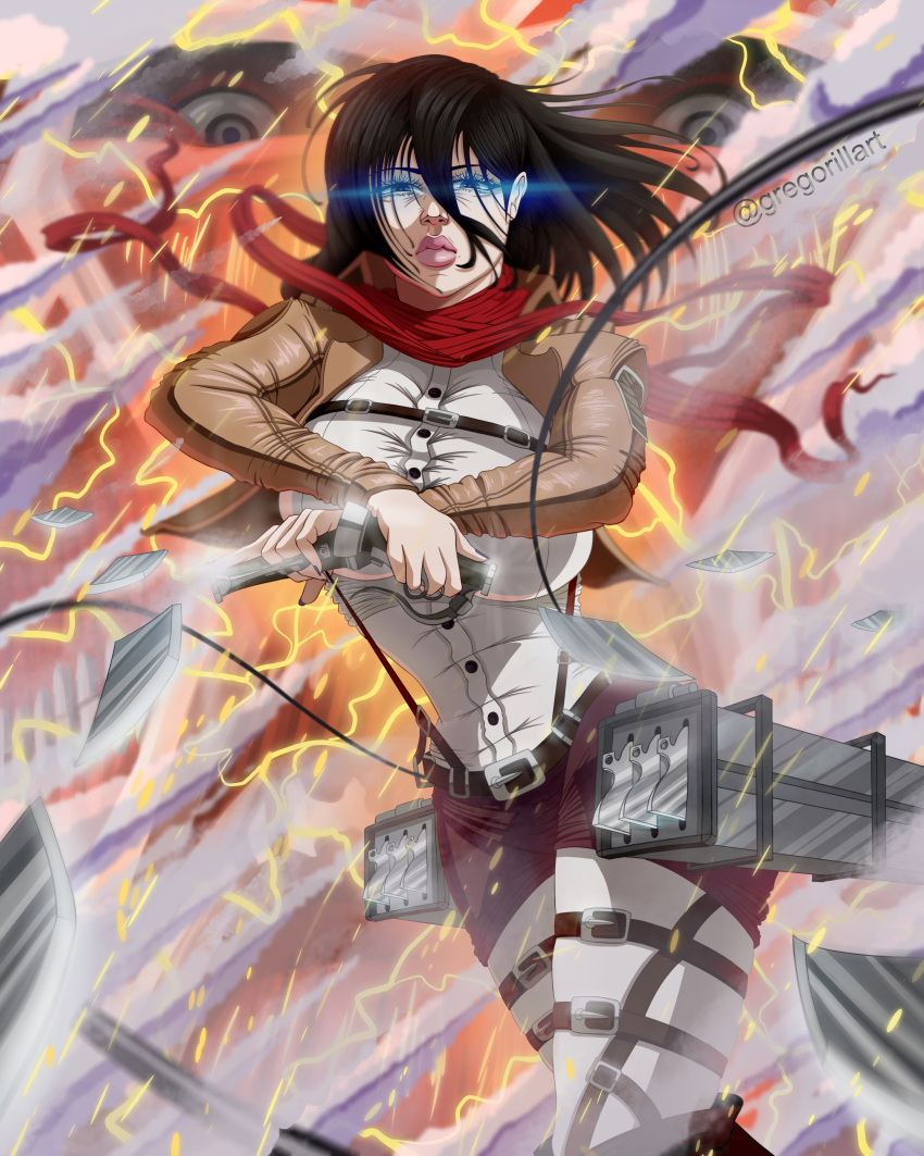 absurdres black_hair breasts colossal_titan female gregorillart highres holding holding_weapon huge_breasts large_breasts mikasa_ackerman narrow_waist red_scarf scarf self-upload shingeki_no_kyojin titan_(shingeki_no_kyojin) weapon