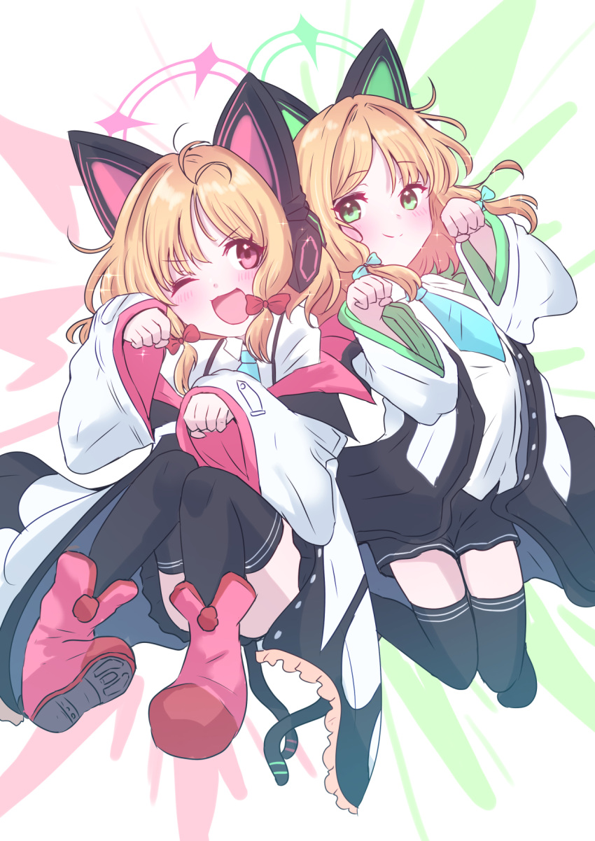 2girls animal_ear_headphones animal_ears black_skirt black_thighhighs blonde_hair blue_archive blue_bow blue_necktie blush boots bow cat_tail closed_mouth collared_shirt fake_animal_ears giorgio_(yo_sumire_sola1) green_eyes green_halo hairbow halo headphones highres jacket long_sleeves midori_(blue_archive) momoi_(blue_archive) multiple_girls necktie one_eye_closed open_clothes open_jacket open_mouth pink_footwear pink_halo red_bow red_eyes shirt short_hair siblings sisters skirt smile tail thighhighs twins white_jacket white_shirt wide_sleeves