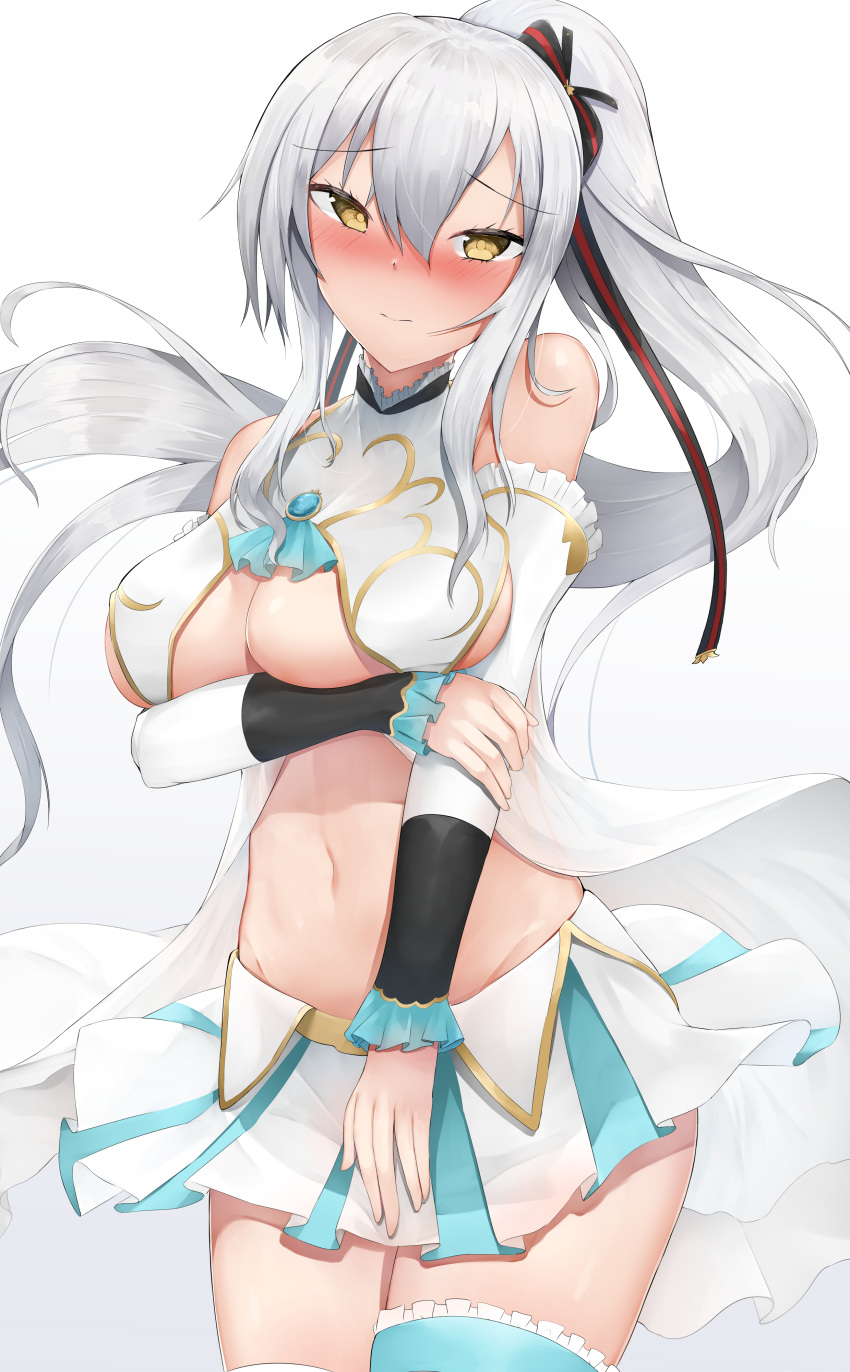 absurdres arm_under_breasts azur_lane blue_skirt blue_thighhighs blush breast_curtains breasts centaur_(azur_lane) centaur_(azur_lane)_(cosplay) commission cosplay cowboy_shot detached_sleeves drake_(azur_lane) female gold_trim grey_hair high_ponytail highres large_breasts long_hair looking_at_viewer midriff miniskirt navel nori_aji pixiv_commission pleated_skirt simple_background skirt solo thighhighs two-tone_skirt underboob very_long_hair white_skirt yellow_eyes zettai_ryouiki