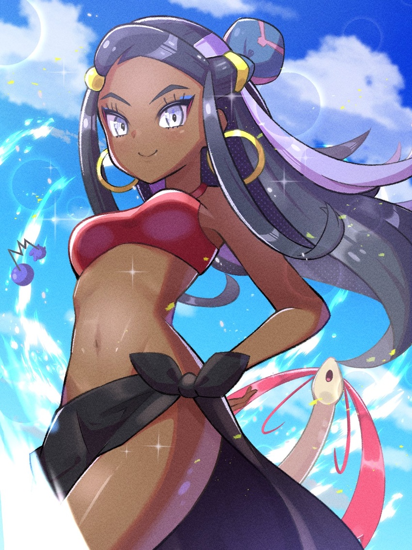 azurill bikini black_hair blue_eyes blue_sky breasts dark-skinned_female dark_skin earrings eyeshadow female hair_ornament hand_on_own_hip highres hoop_earrings inana_umi jewelry light_particles light_rays long_hair looking_at_viewer makeup medium_breasts milotic multicolored_hair navel nessa_(pokemon) outdoors pokemon pokemon:_twilight_wings pokemon_(creature) purple_hair side-tie_bikini_bottom sky stomach streaked_hair sunlight swimsuit thighs