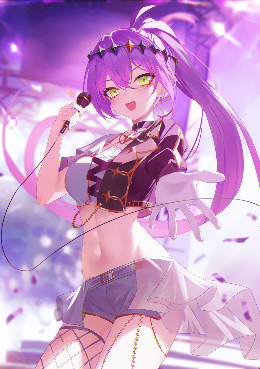 absurdres asymmetrical_sleeves belt black_choker black_jacket breasts chain_earrings chains choker crop_top cropped_jacket female fishnet_thighhighs fishnets garter_straps gloves green_eyes half-skirt hashtag-only_commentary highres holding holding_microphone hololive jacket jiang_ye_kiri long_hair looking_at_viewer medium_breasts microphone midriff multicolored_clothes multicolored_jacket navel official_alternate_costume open_mouth outstretched_hand ponytail purple_hair shorts single_fishnet_legwear single_garter_strap single_glove single_thighhigh solo stage thighhighs tokoyami_towa tokoyami_towa_(break_your_xxx) two-tone_jacket uneven_sleeves virtual_youtuber white_belt white_garter_straps white_gloves white_jacket white_shorts