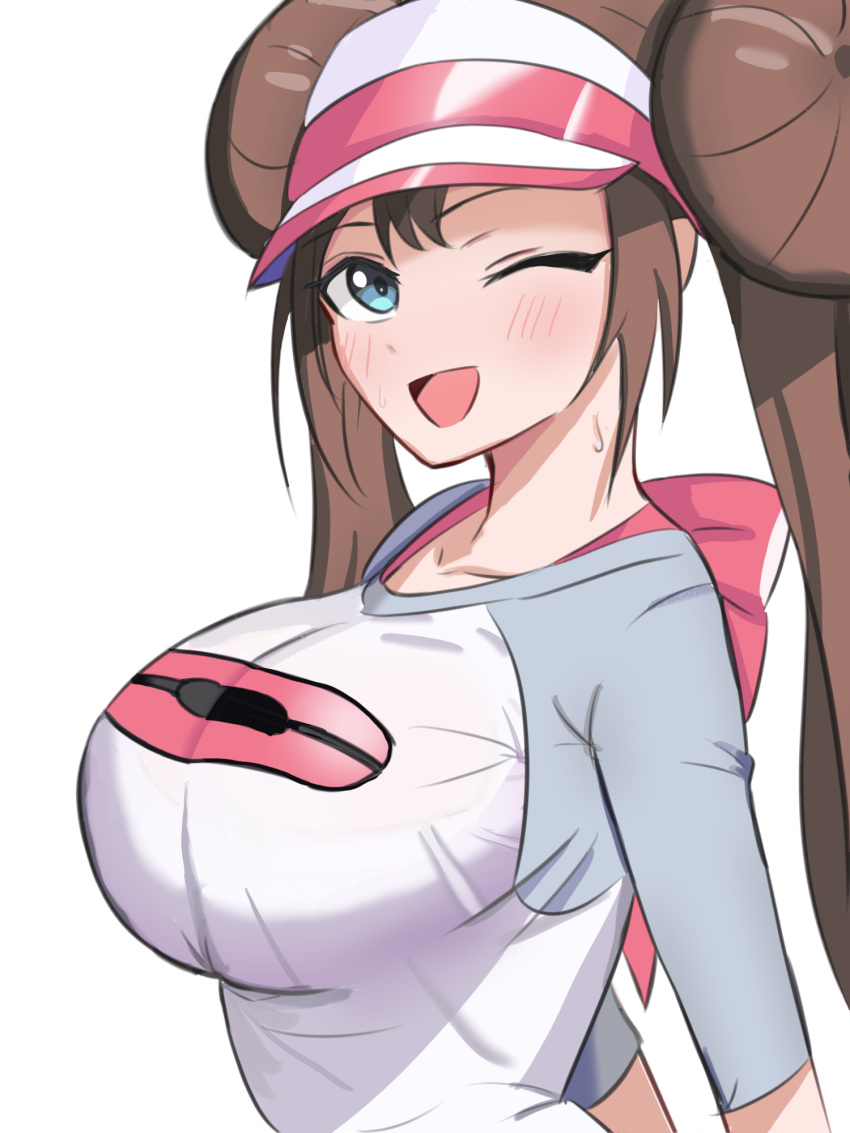 :d amrbatafri blue_eyes blue_shirt blush bow breasts brown_hair collarbone commentary double_bun doughnut_hair_bun female hair_between_eyes hair_bun hairbow highres impossible_clothes impossible_shirt large_breasts long_hair looking_at_viewer mouth_hold one_eye_closed pink_bow poke_ball_print pokemon pokemon_bw2 raglan_sleeves rosa_(pokemon) shirt simple_background smile solo taut_clothes taut_shirt twintails two-tone_shirt upper_body visor_cap white_background white_shirt