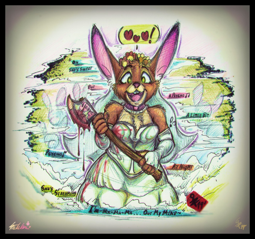 2019 anthro axe bianchi/caramel_(yourfavoritelemonade) big_ears black_border blood bodily_fluids border breasts brown_body brown_fur clothing collar dialogue dress english_text exclamation_point female flower fur green_eyes hair heart_symbol humor lagomorph leporid mammal melee_weapon open_mouth pink_nose plant rabbit smile solo stories_of_the_few teeth text tongue traditional_media_(artwork) weapon white_body white_fur yourfavoritelemonade