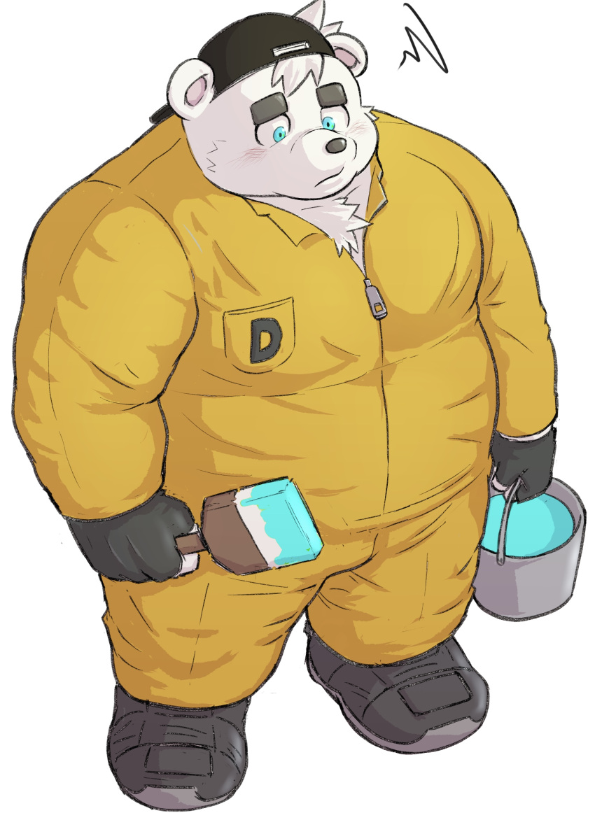 2022 absurd_res anthro bear belly big_belly black_nose blue_eyes blush bottomwear clothed clothing fur hi_res humanoid_hands kemono male mammal overweight overweight_male pants polar_bear sakisukem simple_background solo ursine white_background white_body white_fur