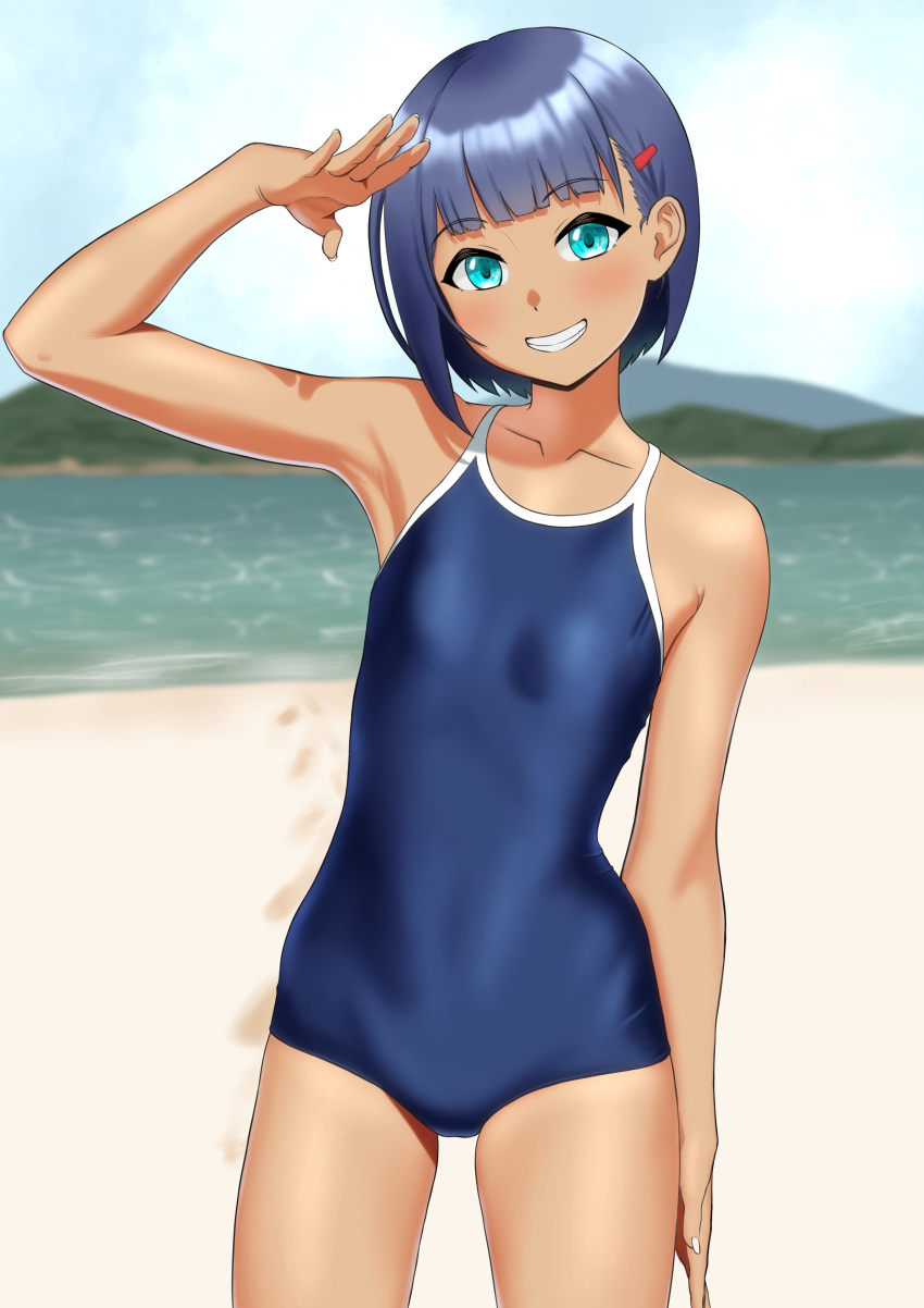 absurdres aged_down aqua_eyes arm_at_side arm_up armpits bare_shoulders beach blue_hair blue_one-piece_swimsuit blue_sky blurry blurry_background blush bob_cut borrowed_character breasts caustics cloud collarbone competition_school_swimsuit cowboy_shot dark-skinned_female dark_skin day depth_of_field female fingernails footprints grin hair_ornament hairclip harigane_mutsumi_(harigane623) head_tilt highres horizon kanagi_haruka legs_apart long_fingernails looking_at_viewer mountainous_horizon ocean one-piece_swimsuit original outdoors salute school_swimsuit short_hair sky small_breasts smile solo standing straight_hair swimsuit thighs wide_hips