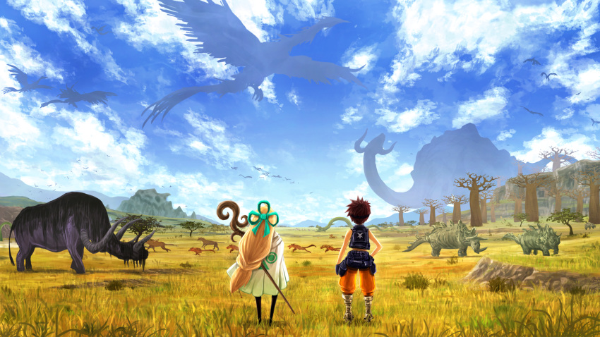 1boy animal baobab bird blonde_hair bow brown_hair commentary_request day dinosaur distant facing_away fantasy female grass hairbow highres long_hair original outdoors oversized_animal sasaki_(sasaki1de0) savannah scenery sky staff