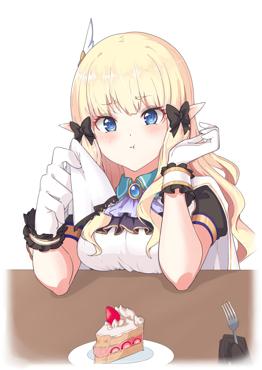 :t absurdres ascot black_bow blonde_hair blue_eyes blush bow breasts cake cake_slice closed_mouth elbows_on_table elf female food fork frills gloves hair_ornament hairbow handkerchief highres holding holding_handkerchief lace_trim large_breasts long_hair looking_at_viewer plate pointy_ears princess_connect! saren_(princess_connect!) simple_background solo upper_body white_gloves xiangcao_xing_chen_bing