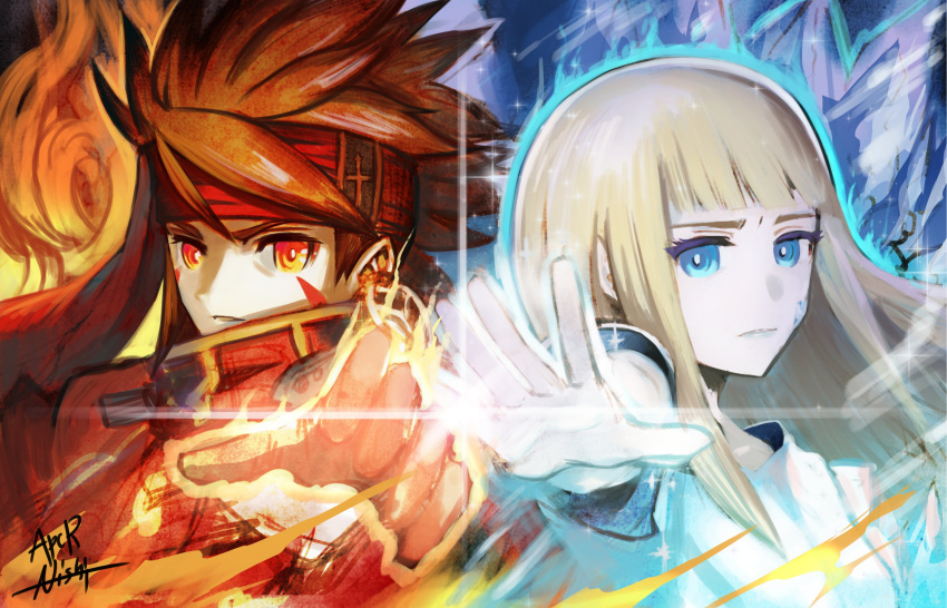 1boy 2c absurdres arc_the_lad arc_the_lad_ii bandana blonde_hair blue_eyes closed_mouth elc_(arc_the_lad) facial_mark female fire gloves highres long_hair looking_at_viewer magic meril official_art signature spiked_hair