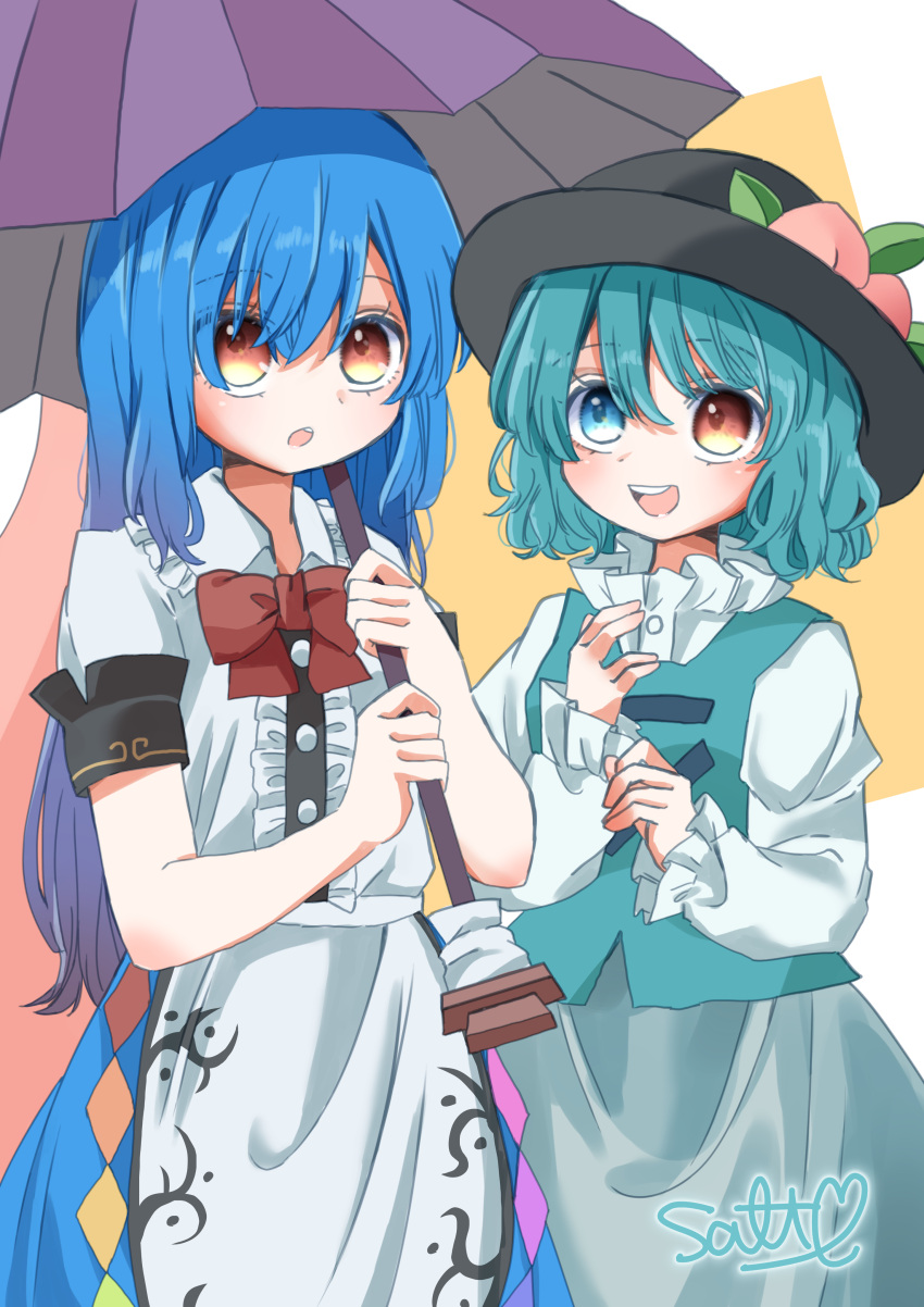 2girls :d :o absurdres blue_eyes blue_hair blue_skirt bow commentary commission hat headwear_switch heterochromia highres hinanawi_tenshi holding holding_umbrella karakasa_obake long_hair looking_at_another looking_at_viewer multiple_girls open_mouth puffy_sleeves purple_umbrella red_bow red_eyes salt_(seasoning) shirt short_hair short_sleeves simple_background skeb_commission skirt smile tatara_kogasa touhou umbrella vest white_shirt