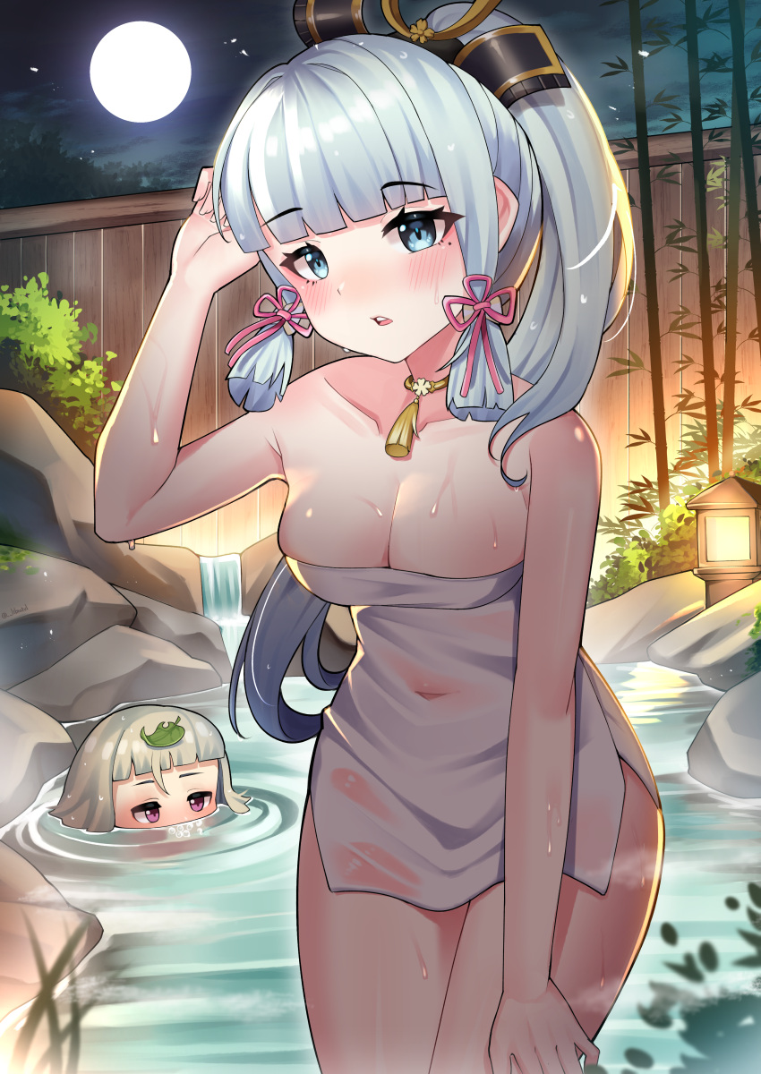 2girls absurdres bamboo blue_eyes blue_hair blunt_bangs breasts bubble bush choker cleavage collarbone covered_navel fence full_moon genshin_impact grey_hair hair_ribbon hand_up high_ponytail highres kamisato_ayaka lamp leaf leaf_on_head libratul light_blue_hair long_hair medium_breasts mole mole_under_eye moon mouth_submerged multiple_girls naked_towel night onsen outdoors parted_lips partially_submerged ponytail purple_eyes ribbon ripples rock same-sex_bathing sayu_(genshin_impact) see-through shared_bathing short_hair sidelocks solo_focus standing steam tassel teeth thighs towel tress_ribbon upper_teeth_only very_long_hair water waterfall wet wet_hair wet_towel wooden_fence