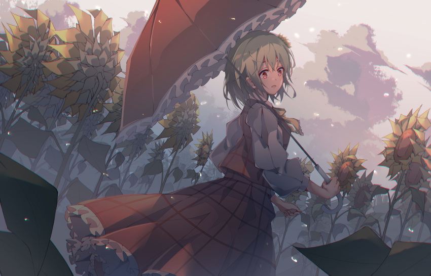 absurdres ascot blurry chromatic_aberration cloud collared_shirt day depth_of_field dutch_angle female fingernails flower frilled_ascot frilled_skirt frilled_umbrella frills green_hair hair_between_eyes hair_flower hair_ornament highres holding holding_umbrella kazami_yuuka long_skirt long_sleeves looking_past_viewer looking_to_the_side open_mouth outdoors parasol petals plaid plaid_skirt plaid_vest puffy_long_sleeves puffy_sleeves qizhongji red_eyes red_skirt red_vest shirt short_hair skirt skirt_set sky solo sunflower sunflower_hair_ornament sunset touhou umbrella vest white_shirt wind yellow_ascot