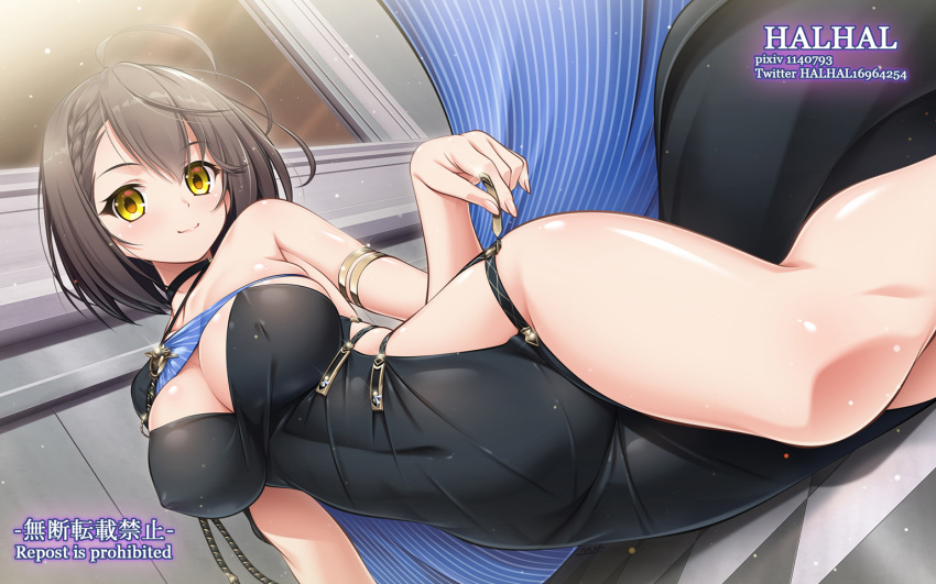 ahoge arm_support armlet artist_name asymmetrical_clothes azur_lane baltimore_(azur_lane) baltimore_(evening_breeze_minuet)_(azur_lane) black_choker black_dress blue_cape blush braid breasts brown_hair cape checkered_floor choker cleavage closed_mouth collarbone commentary_request covered_navel covered_nipples dress evening_gown female french_braid groin hair_between_eyes halhal holding large_breasts looking_at_viewer official_alternate_costume partial_commentary pixiv_id shadow short_hair side_cape side_slit sideless_outfit sidelocks single-shoulder_dress single_bare_shoulder sitting skindentation smile solo striped_cape twitter_username two-tone_cape window yellow_eyes yokozuwari