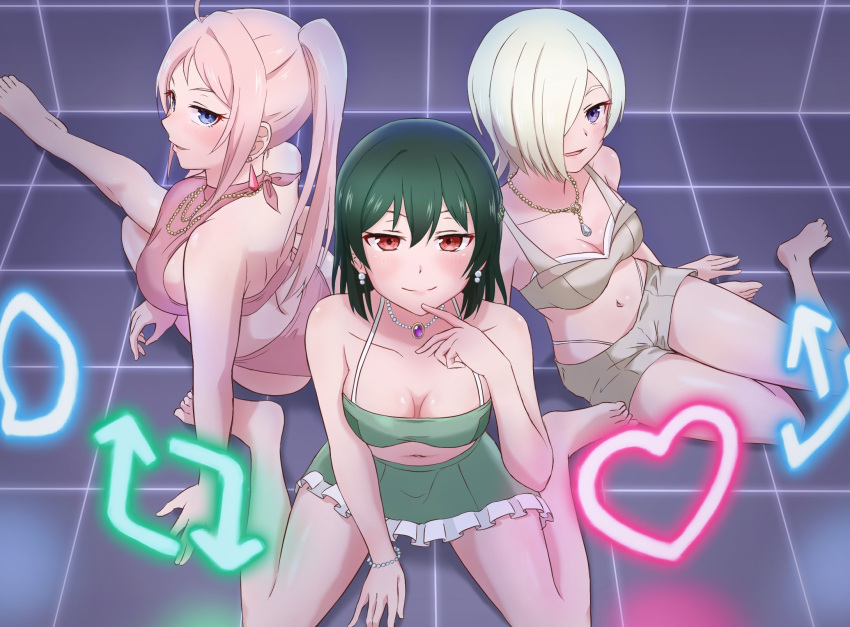 3girls adapted_costume alt_text arm_support barefoot bikini bikini_shorts blonde_hair breasts brown_bikini brown_shorts cleavage commentary dark_green_hair eyebrows_hidden_by_hair finger_to_mouth green_bikini grid_background growth170 hair_over_one_eye highres jewelry like_and_retweet looking_at_viewer love_live! love_live!_nijigasaki_high_school_idol_club medium_breasts mia_taylor mifune_shioriko multiple_girls necklace on_ground pink_hair purple_background purple_eyes r3birth_(love_live!) red_bikini red_eyes short_hair short_shorts shorts sitting smile swimsuit vroom_vroom_(love_live!) wariza zhong_lanzhu