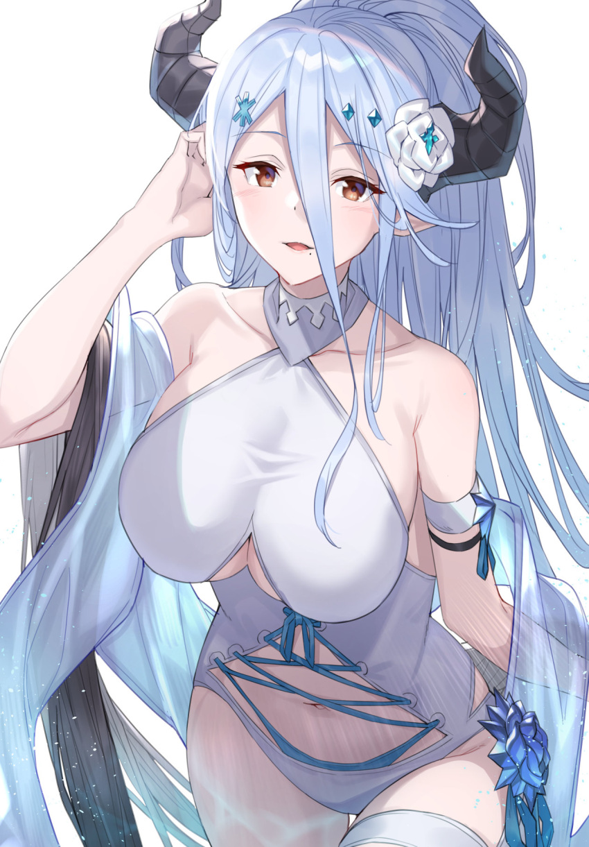 bare_shoulders blue_hair blush breasts clothing_cutout collarbone draph female flower granblue_fantasy hair_between_eyes hair_flower hair_ornament highres horns izmir izmir_(summer)_(granblue_fantasy) large_breasts long_hair looking_at_viewer mole mole_under_mouth navel navel_cutout official_alternate_costume one-piece_swimsuit open_mouth pointy_ears ponytail raitho red_eyes sash smile solo swimsuit thighs very_long_hair white_one-piece_swimsuit