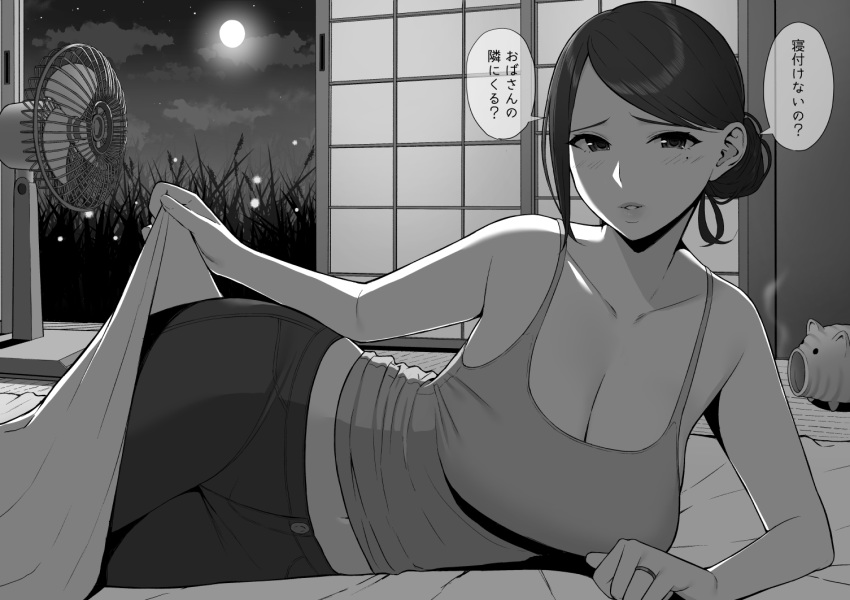 bare_shoulders blush breasts cleavage commentary_request electric_fan female full_moon futon grass greyscale grin gyouza_teishoku indoors jewelry kayari_buta large_breasts looking_at_viewer lying mature_female mole mole_under_eye monochrome moon navel night on_side original parted_lips ring sliding_doors smile solo tank_top tatami teeth translated wedding_ring