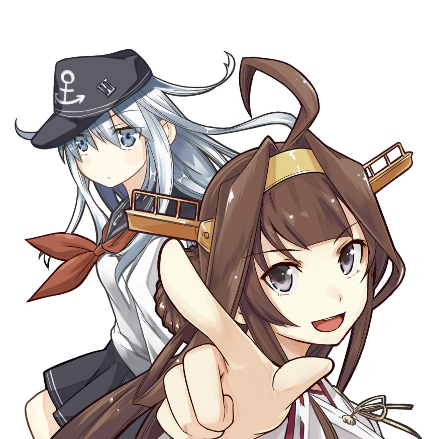 2girls ahoge anchor_symbol black_sailor_collar black_skirt blue_eyes brown_hair commentary_request double_bun flat_cap hair_bun hairband hat headgear hibiki_(kancolle) highres japanese_clothes kantai_collection kongou_(kancolle) long_hair looking_at_viewer multiple_girls neckerchief pointing purple_eyes red_neckerchief ribbon-trimmed_sleeves ribbon_trim sailor_collar saitou_sakae school_uniform serafuku simple_background skirt white_background white_hair