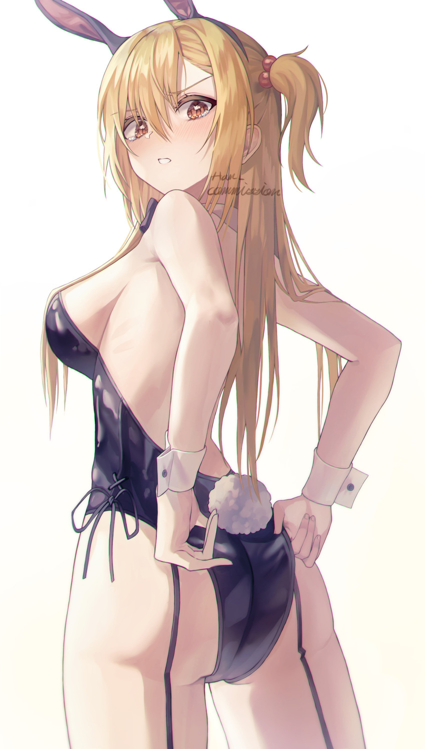 absurdres adjusting_clothes amakage_yuuri animal_ears ass bare_shoulders black_hairband black_leotard blonde_hair blush breasts clenched_teeth commentary commission deatte_5-byou_de_battle embarrassed fake_animal_ears fake_tail female from_behind garter_straps hairband han_seol highres leotard long_hair looking_at_viewer looking_back medium_breasts one_side_up orange_eyes parted_lips playboy_bunny rabbit_ears sideboob solo tail tearing_up tears teeth wrist_cuffs