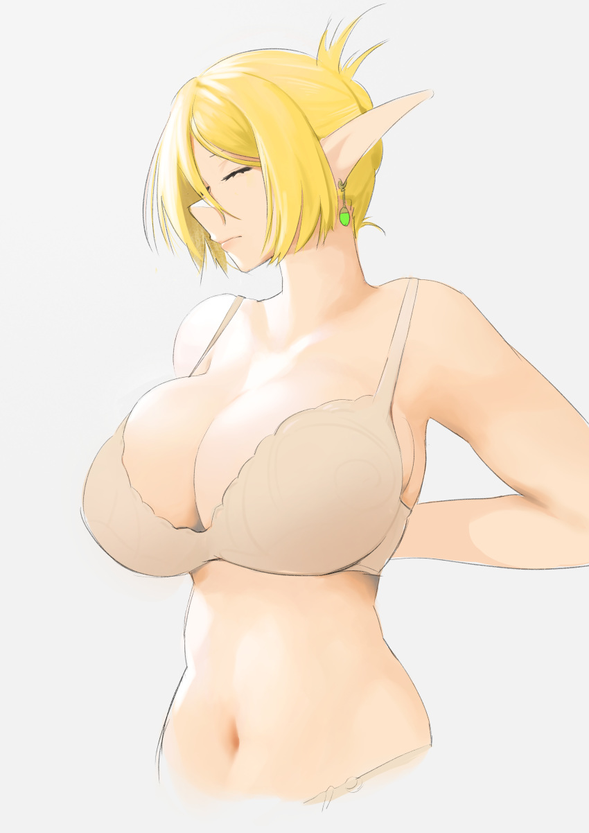 absurdres arms_behind_back asiamaster bad_id bad_pixiv_id bare_shoulders blonde_hair bra breasts brown_bra cleavage closed_eyes closed_mouth earrings elf female folded_hair grey_background hair_between_eyes hair_bun highres jewelry large_breasts navel original pink_lips pointy_ears short_hair single_hair_bun solo stomach tying_bra underwear upper_body