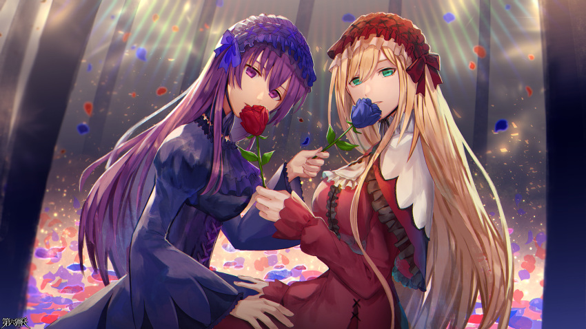 2girls black_dress blonde_hair blue_flower blue_rose blunt_bangs bow breasts capelet character_request choker commentary_request dairoku_ryouhei dress field flower flower_field frilled_dress frills gothic_lolita green_eyes highres holding holding_flower lolita_fashion long_hair long_sleeves medium_breasts multiple_girls neck_ribbon official_art penguu_(green528) petals puffy_long_sleeves puffy_sleeves purple_eyes purple_hair red_flower red_rose ribbon rose sitting