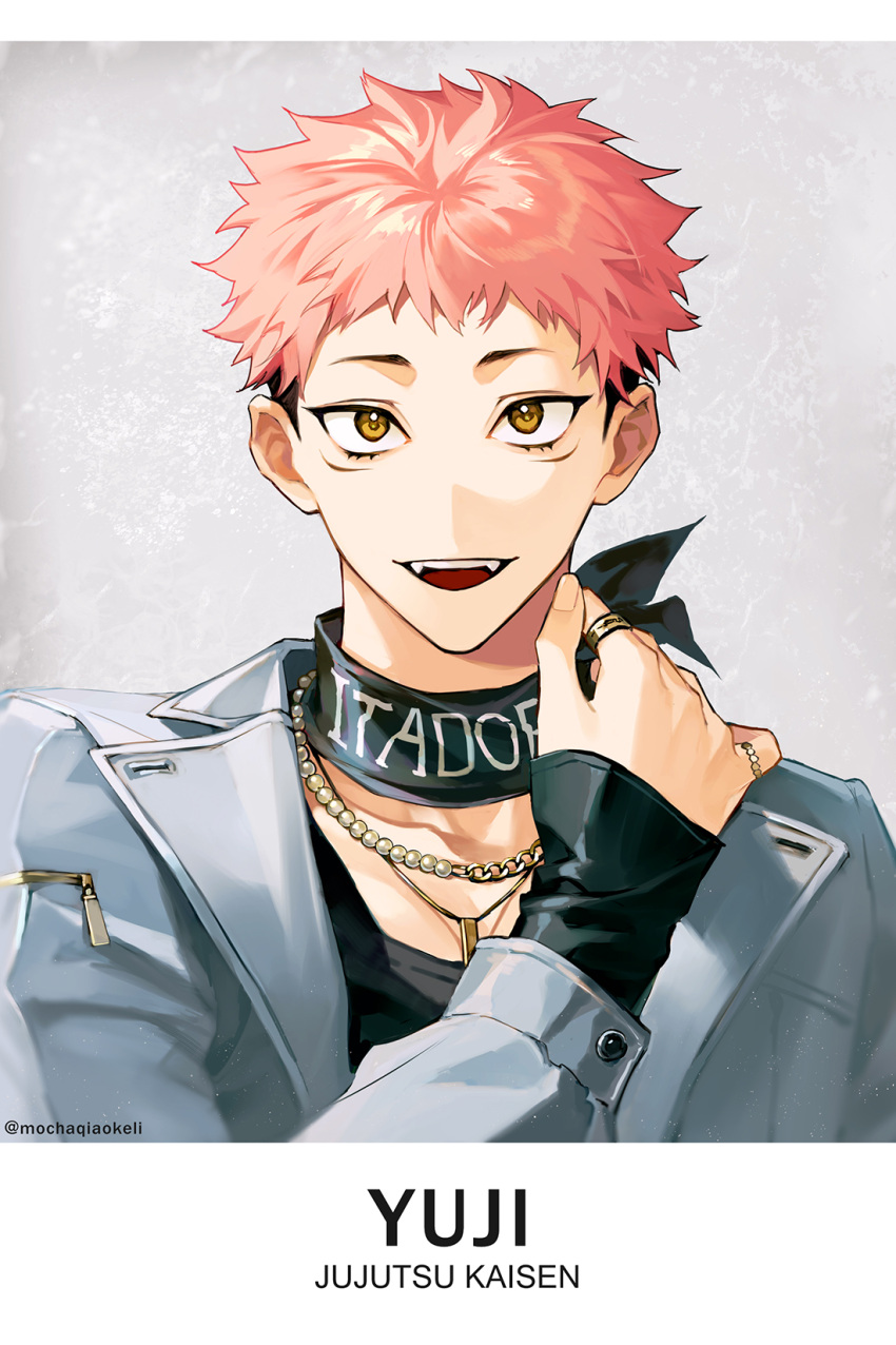 1boy bandana black_bandana black_hair black_neckwear black_shirt brown_eyes character_name copyright_name facial_mark grey_background grey_jacket highres itadori_yuuji jacket jewelry jujutsu_kaisen letterboxed long_sleeves looking_at_viewer male_focus necklace open_mouth pink_hair ring ru_(famia) shirt short_hair sleeves_past_wrists smile twitter_username undercut upper_body