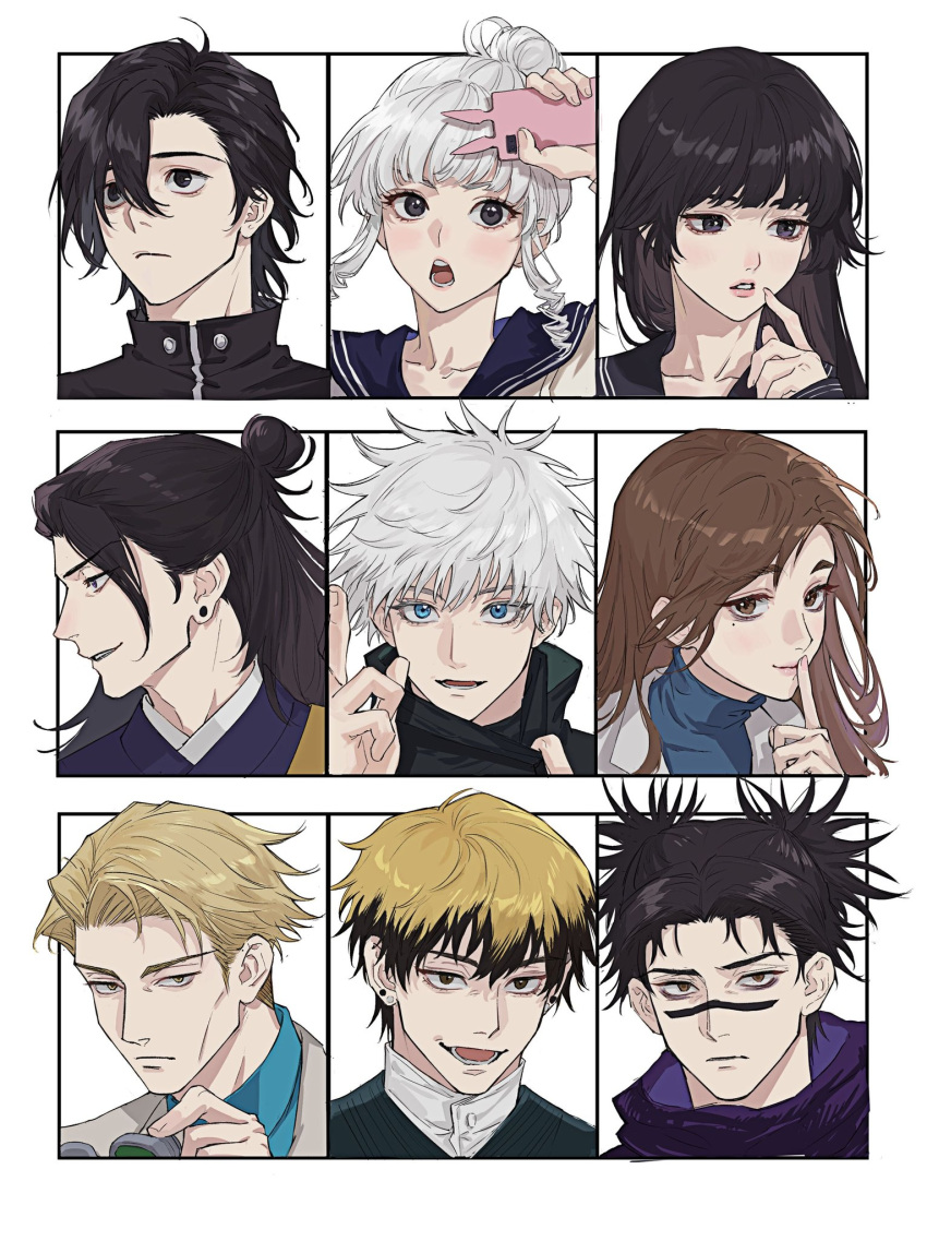 3girls 6+boys black_blindfold black_eyes black_hair black_jacket blindfold blindfold_down blonde_hair blue_eyes blue_shirt blunt_bangs brown_eyes brown_hair chinese_commentary choso_(jujutsu_kaisen) closed_mouth commentary_request ear_piercing facial_tattoo finger_to_mouth getou_suguru gojou_satoru hair_between_eyes hair_bun hand_up highres holding holding_removed_eyewear ieiri_shoko jacket jujutsu_kaisen long_hair looking_at_viewer looking_away mimiko_(jujutsu_kaisen) mole mole_under_eye multicolored_hair multiple_boys multiple_girls nanako_(jujutsu_kaisen) nanami_kento nino_(nino84391425) open_mouth parted_lips piercing portrait profile sailor_collar shirt short_hair short_twintails sidelocks single_hair_bun smile tattoo twintails two-tone_hair unworn_eyewear white_hair yellow_eyes yoshino_junpei zen'in_naoya